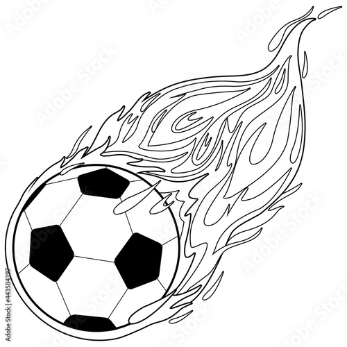 Soccer ball on fire. Vector black and white coloring page.