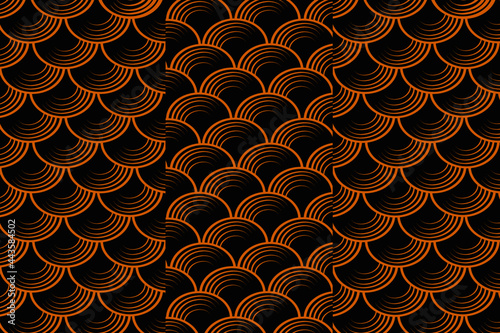 Golden yellow semicircular curves lined up water waves on black background, golden water waves integrity. golden circle