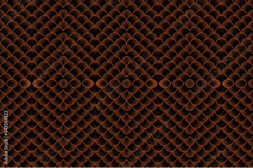 Golden yellow semicircular curves lined up water waves on black background, golden water waves integrity. golden circle