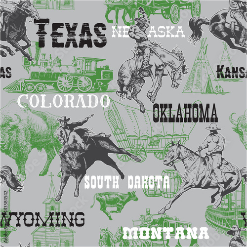 vector image of seamless texture wild west rodeo cowboys print on fabric paper