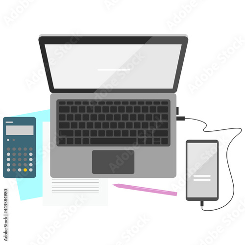 Calculate near computer, notebook, laptop , laptop keyboard, taplate pad, laptop monitor, laptop screen, mobile usb, computer memory photo