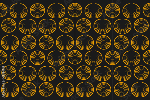 Golden yellow semicircular curves lined up water waves on black background, golden water waves integrity.