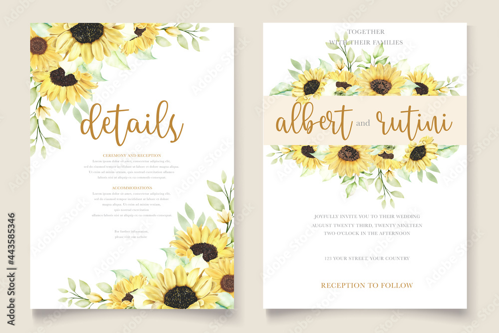 watercolor sunflower invitation card - obrazy, fototapety, plakaty 