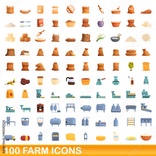 100 farm icons set. Cartoon illustration of 100 farm icons vector set isolated on white background