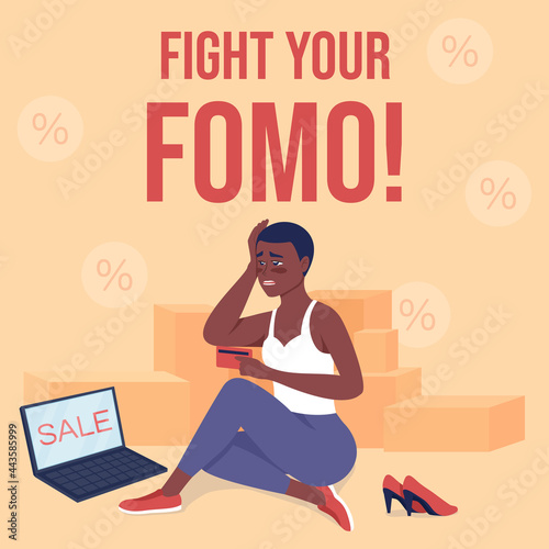 Shopaholism social media post mockup. Fight your fomo phrase. Web banner design template. Obsessive shopping booster, content layout with inscription. Poster, print ads and flat illustration