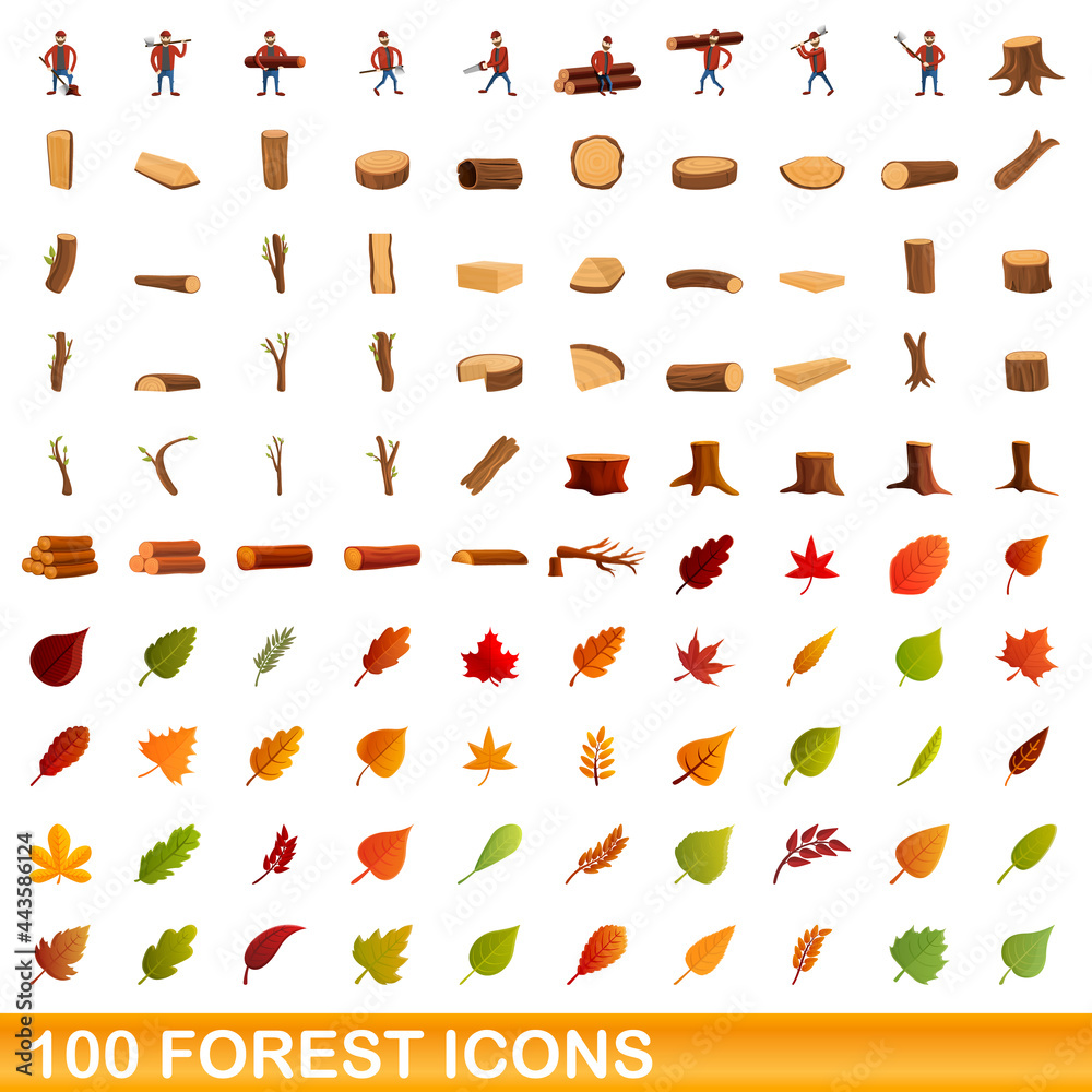 100 forest icons set. Cartoon illustration of 100 forest icons vector set isolated on white background