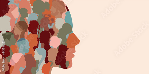 Banner copy space. Silhouette profile group of men and women of diverse culture. Diversity multi-ethnic and multiracial people. Concept of racial equality and anti-racism. Multicultural photo