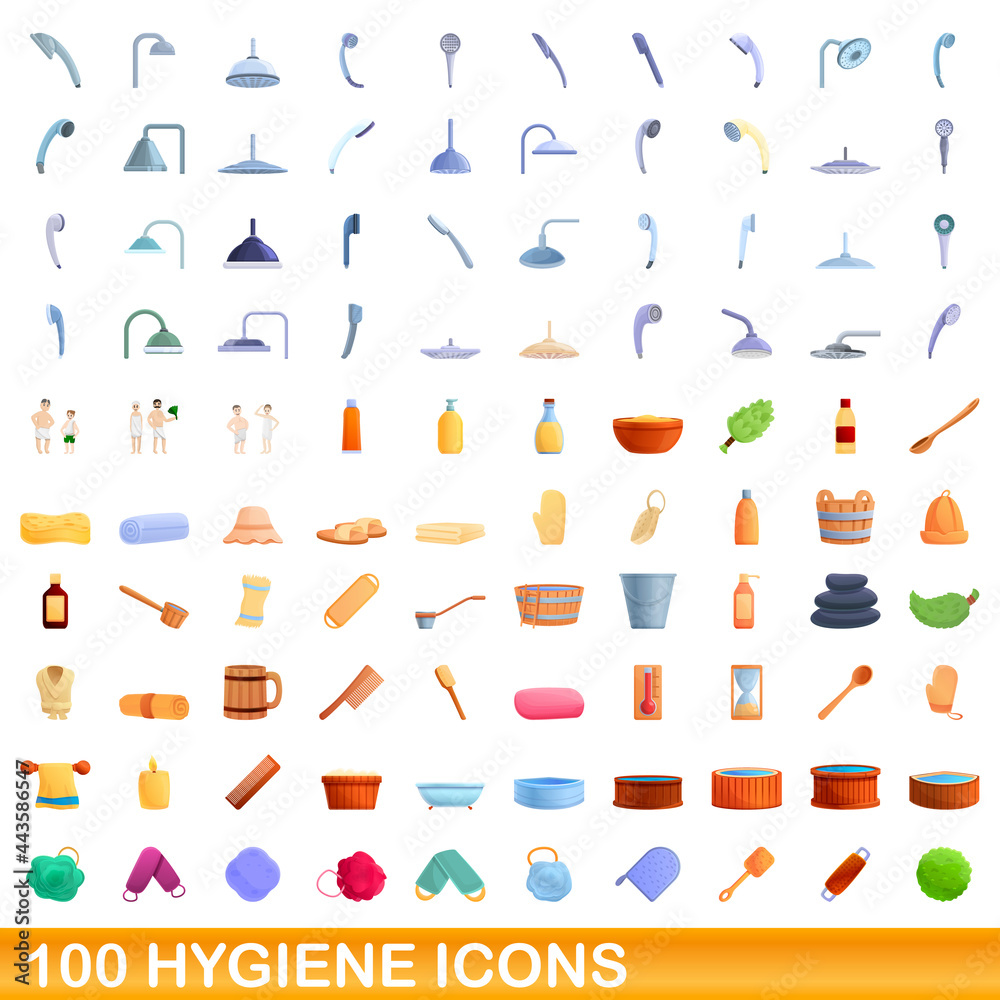 100 hygiene icons set. Cartoon illustration of 100 hygiene icons vector set isolated on white background