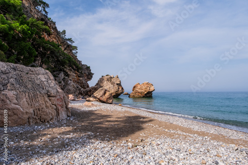 Sea beach in Beldibi and the rocks. Turkey, Kemer region, may 2021