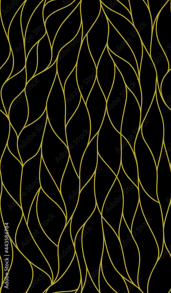 Fototapeta Curly waves tracery black and golden curved lines, stylized abstract petals pattern. Vector seamless background. Texture wallpapers for printing on paper or fabric