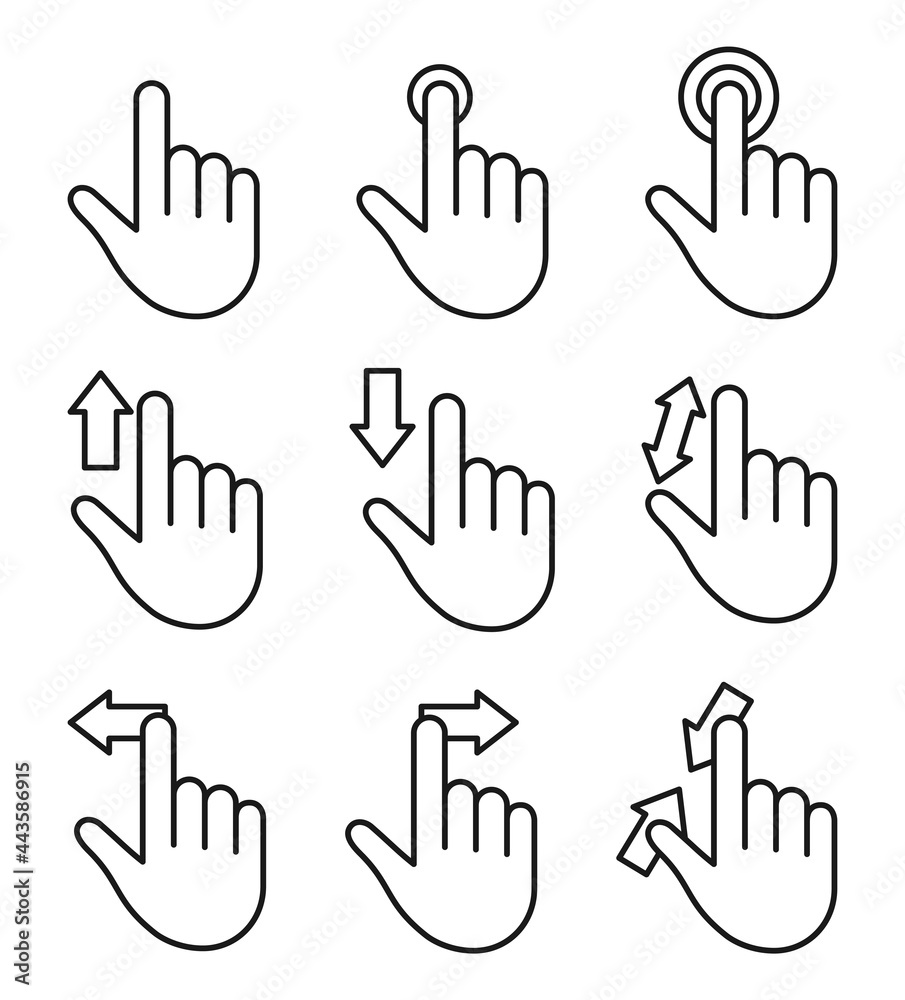 Fototapeta premium Line art black and white hand movement icons for mobile