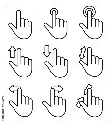 Line art black and white hand movement icons for mobile