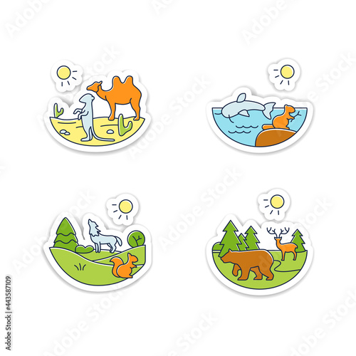 Biodiversity stickers icons. Desert, temperate forest, taiga forest, freshwater badge for designs. Biodiversity vector emblem