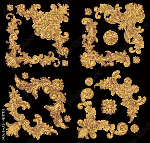 Vintage decorative ornamental gold corners. Design set. Editable hand drawn illustration. Vector engraving. Isolated on black background. 8 EPS photo