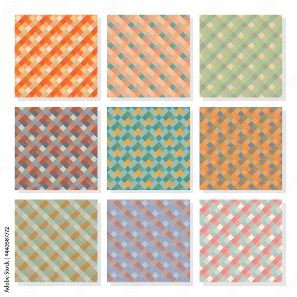 Set of seamless diagonal checkered patterns in different colors. Set of seamless diagonal checkered patterns in different colors.