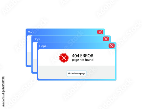 Vector 404 Error Pop Up Window, Isolated on White Background Windows.
