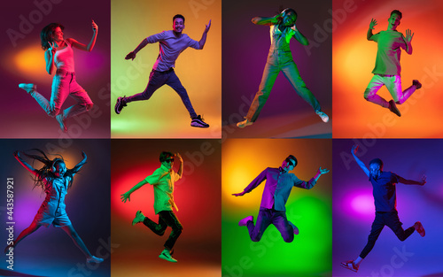 Jumping high, flying, dancing. Portrait of group of people on multicolored background in neon light, collage.
