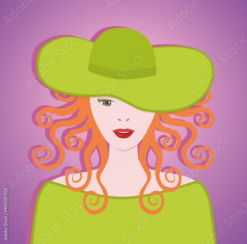 Cool redheaded curly hair woman with big sun hat. Vector illustration. EPS10.