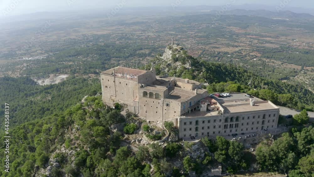 Aerial view, flight at Santuari de Sant Salvador monastery, Puig de Sant Salvador, near Felanitx, Migjorn region, aerial view, Mallorca, Balearic Islands, Spain Aerial view, flight at Santuari de Sant Salvador monastery, Puig de Sant Salvador, near Felanitx, Migjorn region, aerial view, Mallorca, Balearic Islands, Spain