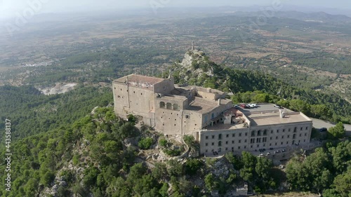Aerial view, flight at  Santuari de Sant Salvador monastery, Puig de Sant Salvador, near Felanitx, Migjorn region, aerial view, Mallorca, Balearic Islands, Spain