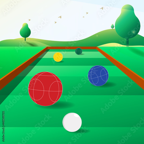 Illustration of playing sports bocce with four big balls and one small ball, morning atmosphere with natural scenery.