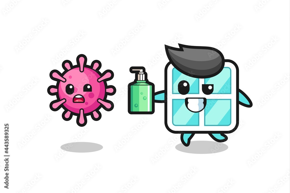 illustration of window character chasing evil virus with hand sanitizer illustration of window character chasing evil virus with hand sanitizer