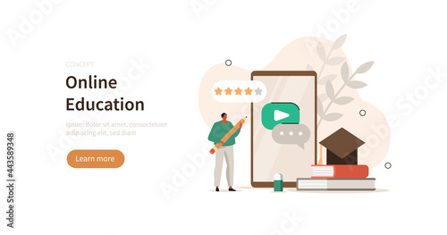 Character self studying online with educational mobile app. Distance learning and online education concept. Flat cartoon vector illustration.