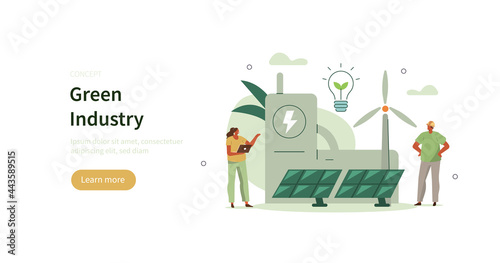 Green industrial factory with renewable energy. Wind electricity generators and solar panels. Eco power station. Eco industrial development concept. Flat cartoon vector illustration.