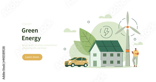 Character using smart grid technology to control his smart house with wind electricity generators, solar panels and electric car. Renewable and eco energy. Flat cartoon vector illustration.
