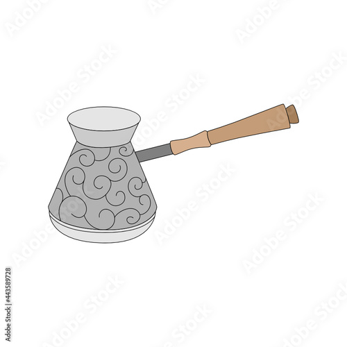 Geometrical vector illustration of a Turkish coffee pot - cezve. Simple illustration with thin black outline. Isolated on white background.