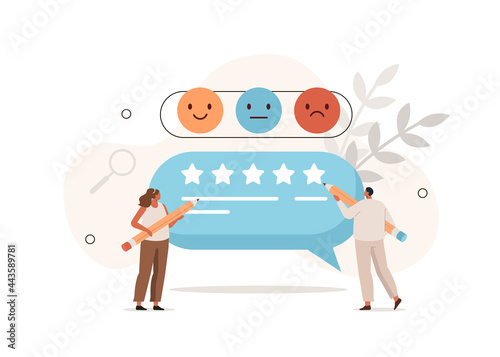 People сharacters giving five star feedback and writing review comments. Clients choosing satisfaction rating. Customer service and user experience concept. Flat cartoon vector illustration.