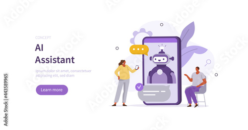 Customers having dialog with chatbot on smartphone. Characters chatting with robot, asking questions and receiving answers. AI assistant support and FAQ concept. Flat cartoon vector illustration. 