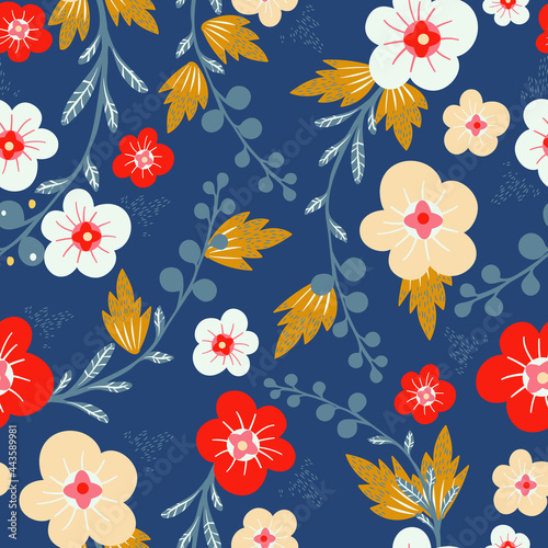 Marine blue with white, yellow and white red simple flowers seamless pattern background design.