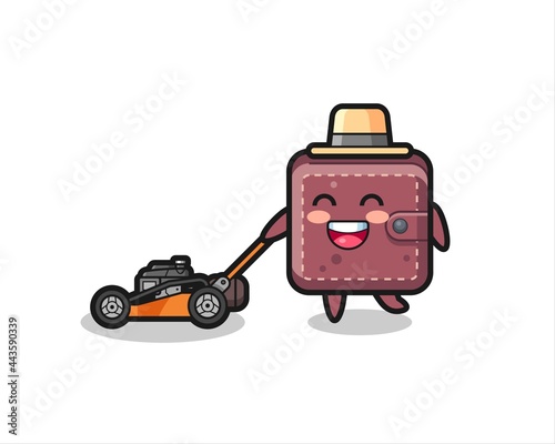 illustration of the leather wallet character using lawn mower