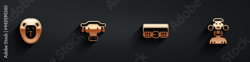 Set Wild lion, African buffalo head, Hunting cartridge belt and tribe male icon with long shadow. Vector