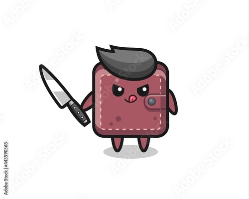 cute leather wallet mascot as a psychopath holding a knife