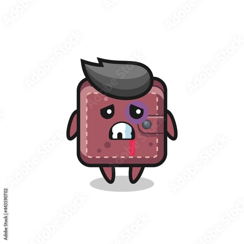 injured leather wallet character with a bruised face