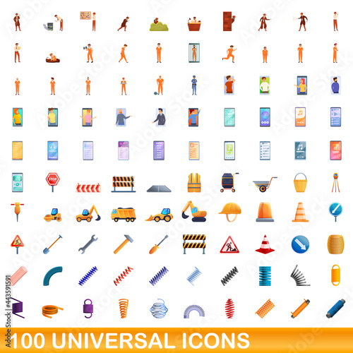 100 universal icons set. Cartoon illustration of 100 universal icons vector set isolated on white background