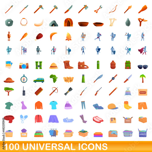 100 universal icons set. Cartoon illustration of 100 universal icons vector set isolated on white background