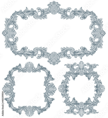 Vintage decorative ornamental monochrome frames. Design set. Editable hand drawn illustration. Vector engraving. Isolated on white background. 8 EPS