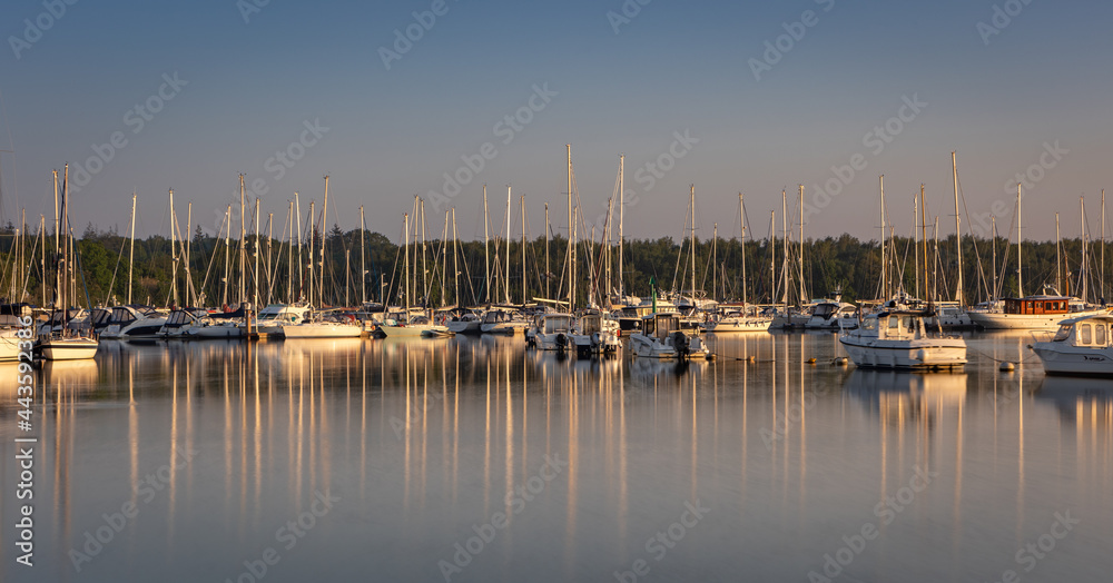 A marina of sailing boats at sunrise with numerous reflections of their masts all on the Beaulieu River at Buckler's Hard, Hampshire UK