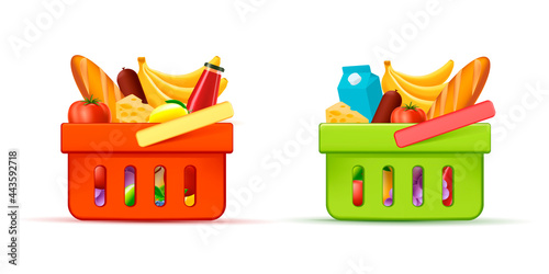 Shopping basket with groceries food and drinks,  3d cartool illustration for market,  design grapgic element