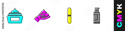 Set Cream or lotion cosmetic tube, , Nail file and Spray can for hairspray icon. Vector