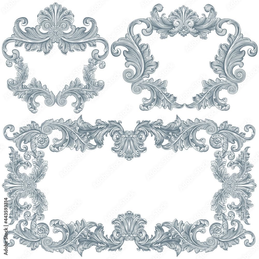 Vintage decorative ornamental monochrome frames. Design set. Editable hand drawn illustration. Vector engraving. Isolated on white background. 8 EPS