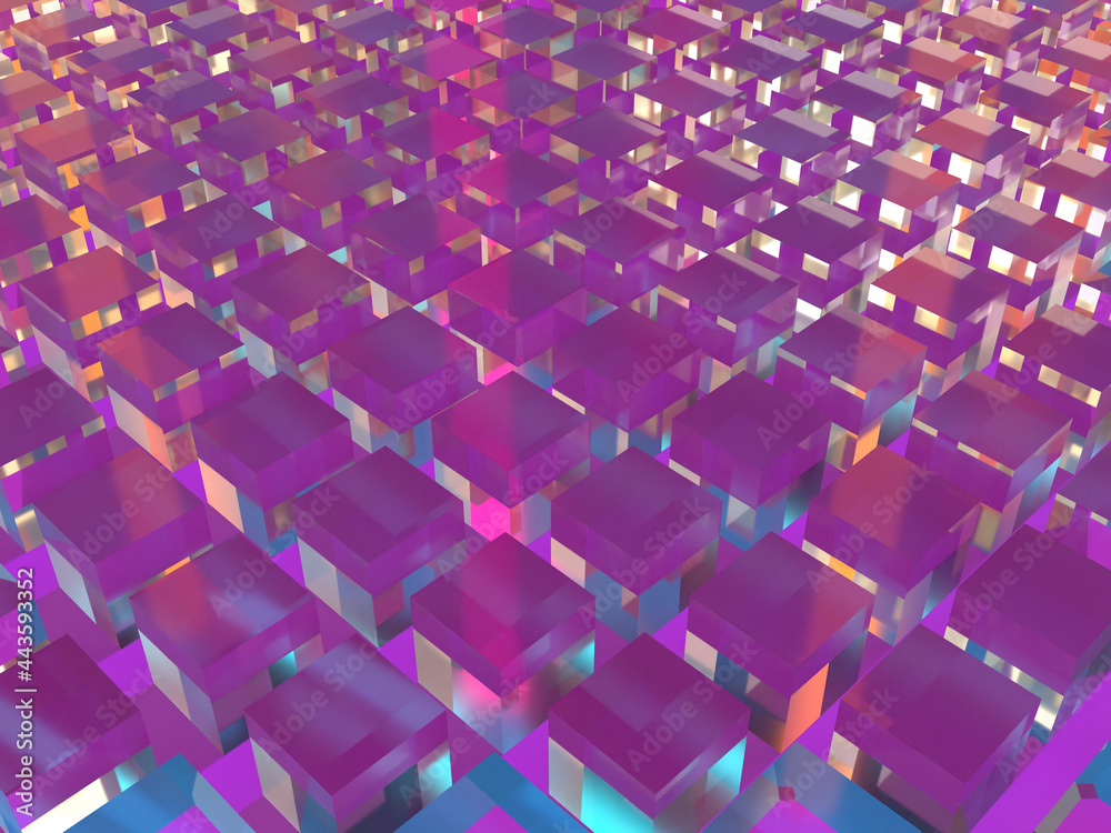 Fototapeta premium 3D rendered glass blocks in ordered structure with colorful light reflections on purple background. Illustration for data and storage center, blockchain technology, or cryptocurrency mining.