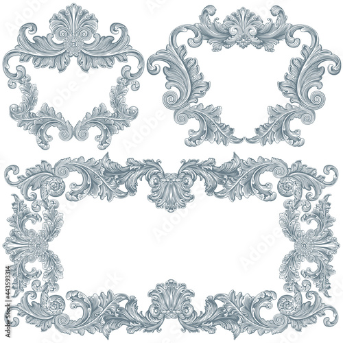 Vintage decorative ornamental monochrome frames. Design set. Editable hand drawn illustration. Vector engraving. Isolated on white background. 8 EPS