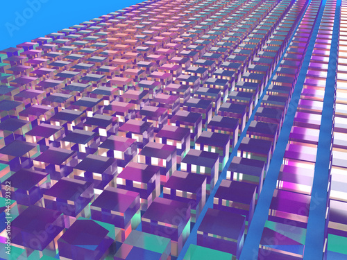  3D rendered glass blocks in ordered structure with colorful light reflections on purple background. Illustration for data and storage center  blockchain technology  or cryptocurrency mining. 