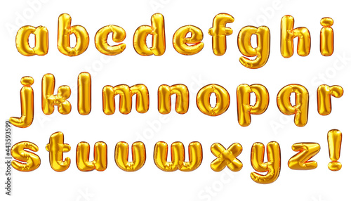Balloon alphabet. Gold metallic lowercase letters. 3d vector realistic golden font. ABC foil decoration, part 2