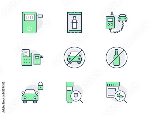 Breathalyzer line icons. Vector illustration include icon - police, sobriety, drug and alcohol control, alcoguard, mouthpiece outline pictogram for car alcolock. Green color, Editable Stroke