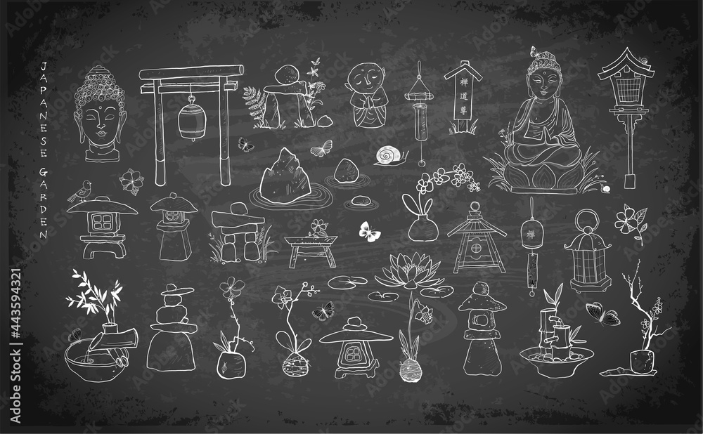 Αυτοκόλλητο Japanese zen garden doodles on blackboard background